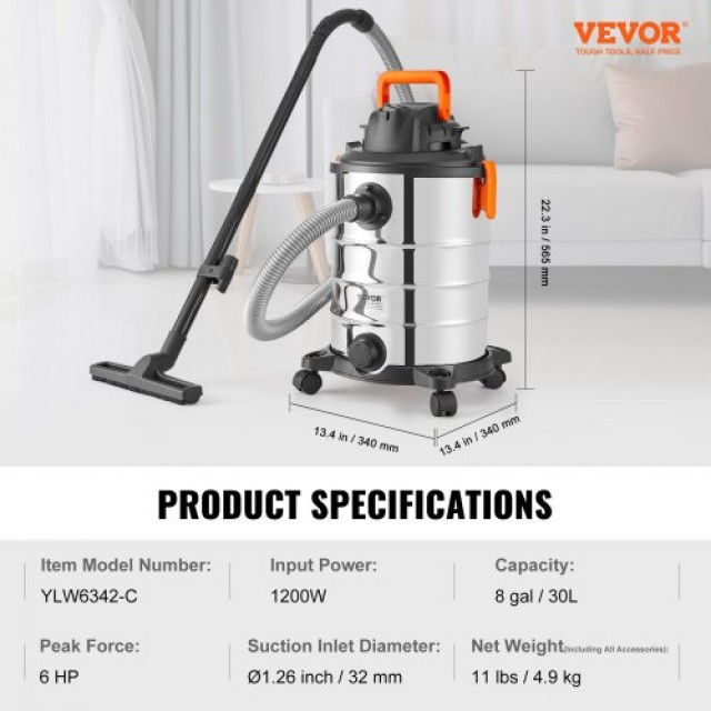 VEVOR Υγρού/Ξηρού Σκούπα 30L 6 HP Ανοξείδωτη Ασημί  SYGSZKXCQ30L2G7A8V2