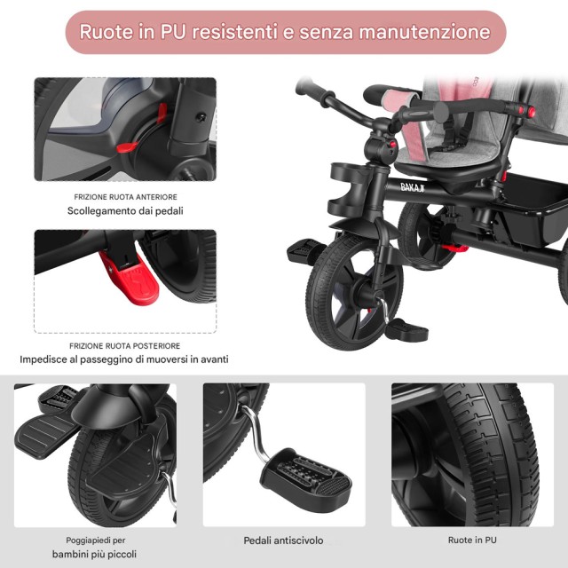 BAKAJI Παιδικό Τρίκυκλο 5 σε 1 Ροζ με Κουκούλα και Αντιολισθητική Λ...