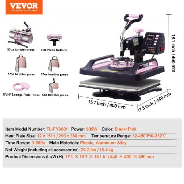 VEVOR Πολυμηχάνημα Θερμομεταφοράς 8 σε 1 12x15 ιντσών για Μπλουζάκια και Κούπες Μαύρο+Ροζ  YTS30OZ121581DSGRV2