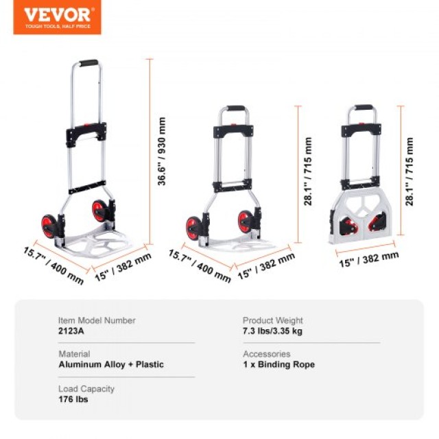 VEVOR Πτυσσόμενο Καρότσι, 80kg Φορτίο, Αλουμινένιο, Μετατρέψιμο Χειροκίνητο Καρότσι & Ντόλι  KZDSTHC175B0QUTVIV0