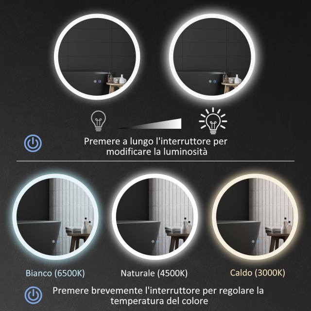 Kleankin Καθρέφτης Μπάνιου με Ρυθμιζόμενα Φώτα LED, Έλεγχος Αφής και Σχεδιασμό Κατά της Ομίχλης, Ø60 εκ. 834-597V00CR