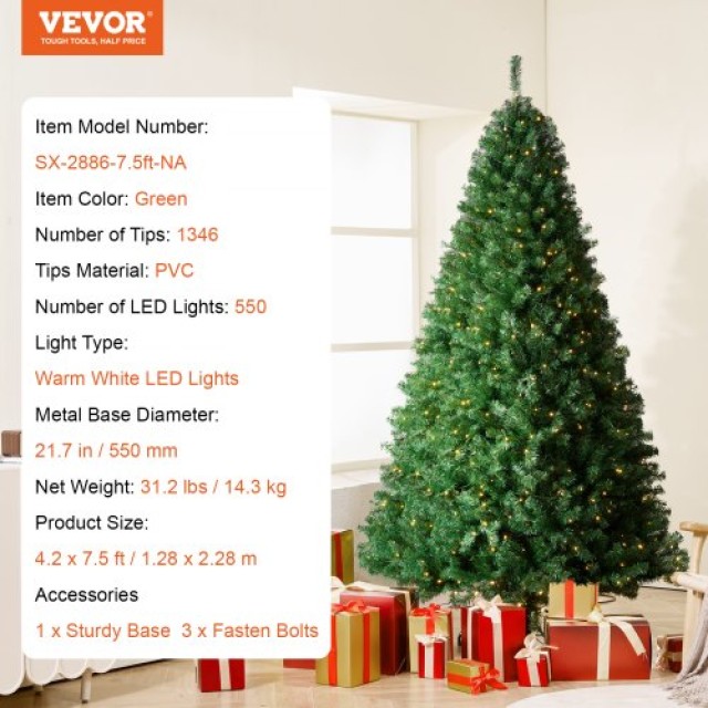 VEVOR  Χριστουγεννιάτικο Δέντρο 7.5ft Προφωτισμένο Τεχνητό με 550 Λευκά LED 1346 Κλαδιά RZSDSRZSDSDSARCDDV2