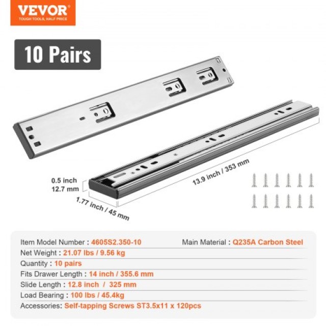 Οδηγοί Συρταριών VEVOR 355.6mm, Βαρέως Τύπου, Αθόρυβοι, 100 Lbs  CZCJCTDG100LEV30AV0