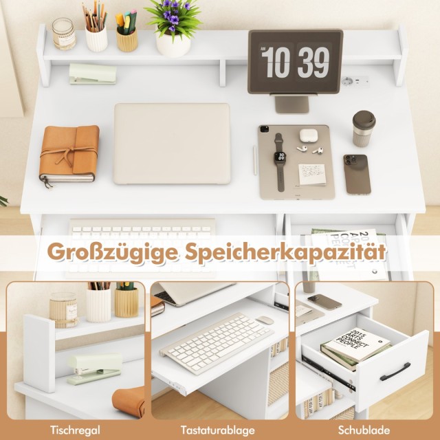 Costway  Γραφείο με σταθμό φόρτισης, συρτάρι πληκτρολογίου & ρυθμιζόμενο ράφι Λευκό 105 x 55 x 89 εκ. CB10778DE-WH