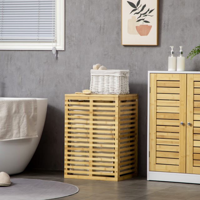 Καλάθι ρούχων HOMCOM Bamboo με καπάκι και αφαιρούμενη και πλενόμενη τσάντα από πολυεστέρα, 44x37x62,5 cm, χρώμα ξύλου 850-217V00ND