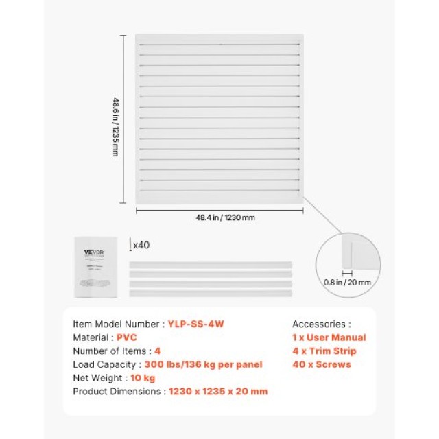 VEVOR Πάνελ Σχάρας 4x4 ft PVC Λευκό για Γκαράζ με Μοντέρνο Σχεδιασμό BTQBPVC16SQF6KZ18V0