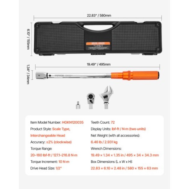 VEVOR Ρυθμιζόμενο Κλειδί Ροπής 1/2 20-160 lbf-ft DJSNLBS101708PMCDV0