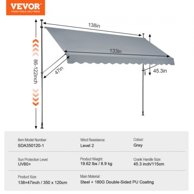 VEVOR  Τέντα Βεράντας 138x47 Αναδιπλούμενη με Μανιβέλα SSSZYPHSLZS1MAKGBV0
