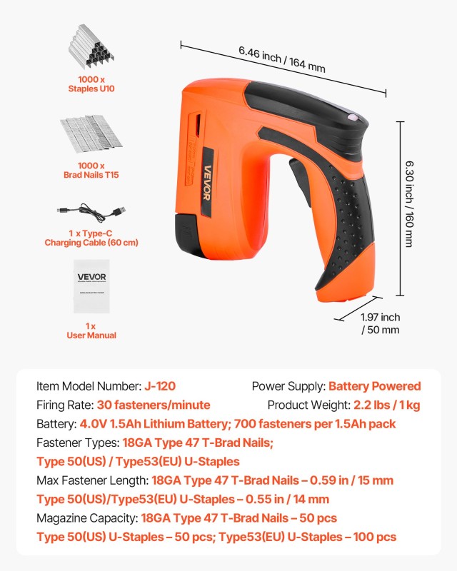 VEVOR Ασύρματο Καρφωτικό και Συρραπτικό 2-σε-1, 18GA, Μπαταρίας με ...
