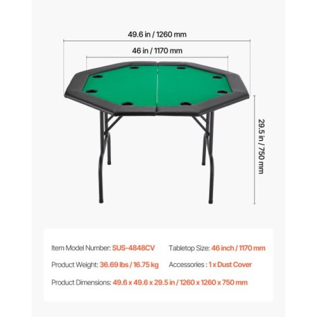 VEVOR Πτυσσόμενο Τραπέζι Πόκερ 1220 mm για 8 Παίκτες DZDTZDPKPZ489F...
