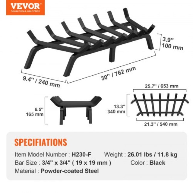 VEVOR Σχάρα Τζακιού 30 με 6 Πόδια, 3/4’’ Ατσάλι για Εσωτερικό/Εξωτερικό Χώρο  ZTXYMP34X3430EWF0V0