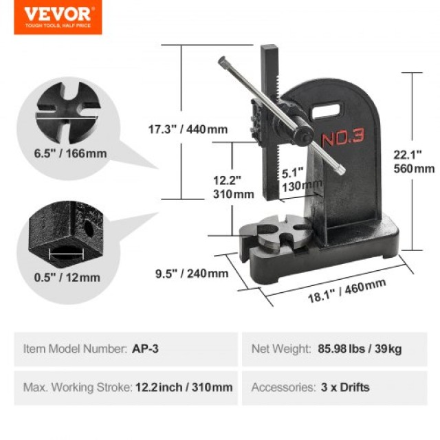 VEVOR  Χειροκίνητη Πρέσα Arbor 3 Τόνων, Υψος 12.2, Χυτοσίδηρη, για Σφράγιση & Μορφοποίηση SDKYLJGG3T00FECX1V0