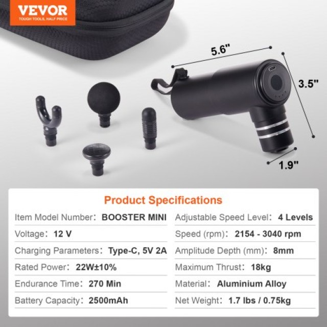 VEVOR Πιστόλι Μασάζ με 4 Ταχύτητες & 4 Κεφαλές  JMQ3200RPMTXDJ6WBV9