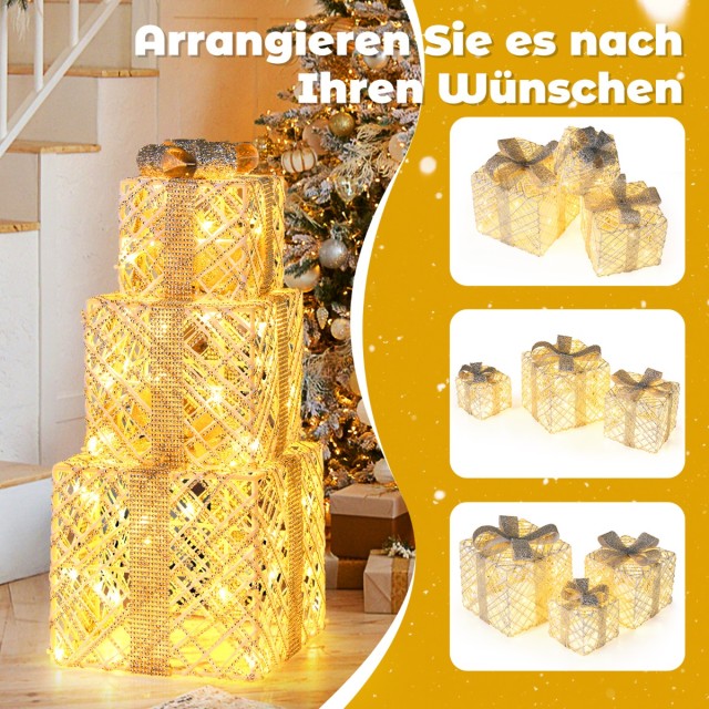 Costway Σετ 3 Κουτιά Δώρου με 48 Θερμά Λευκά LED Φώτα & Αφαιρούμενε...