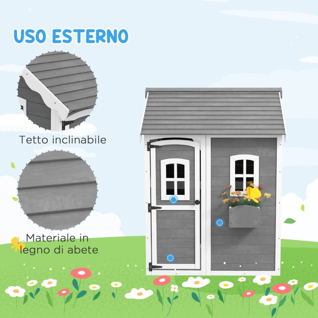 Outsunny Playhouse για παιδιά 3-8 ετών με 6 παράθυρα και ζαρντινιέρα, σε ξύλο ελάτης, 104,5x110x137 cm, Γκρι 345-026V00GY