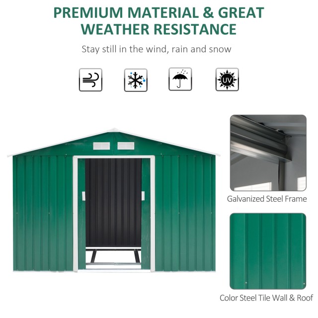 Outsunny Garden Shed Εργαλειοθήκη σε Ατσάλι, Υπόστεγο Κήπου από Ατσάλι με Συρόμενες Πόρτες, 277x195x192cm, Πράσινο 845-031GN