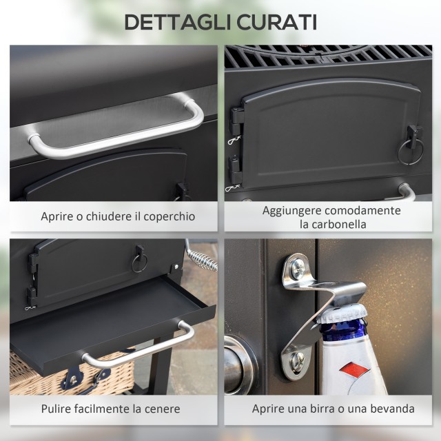 Outsunny μπάρμπεκιου κήπου 2 τροχών με ψησταριά, καπνιστή και εστία, από μέταλλο και χυτοσίδηρο, 124x66x112 cm, μαύρο 846-077V00BK