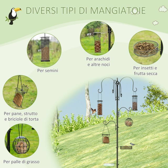 PawHut Bird Feeder με 6 γάντζους και 4 ατσάλινα δοχεία φαγητού, 58x58x226 cm D11-006BK