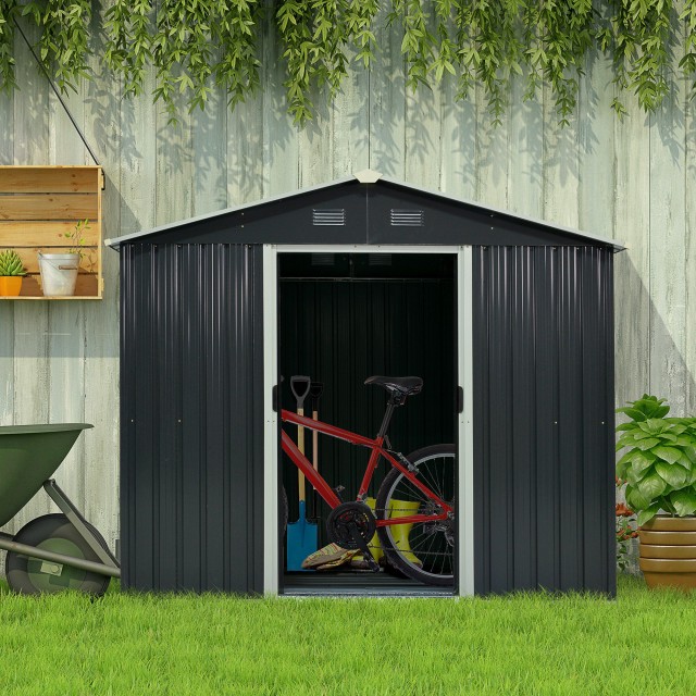Outsunny Garden Shed Εργαλειοθήκη σε Ατσάλι, Υπόστεγο Κήπου από Ατσάλι με Συρόμενες Πόρτες, 236x174x190cm, Γκρι 845-429GY