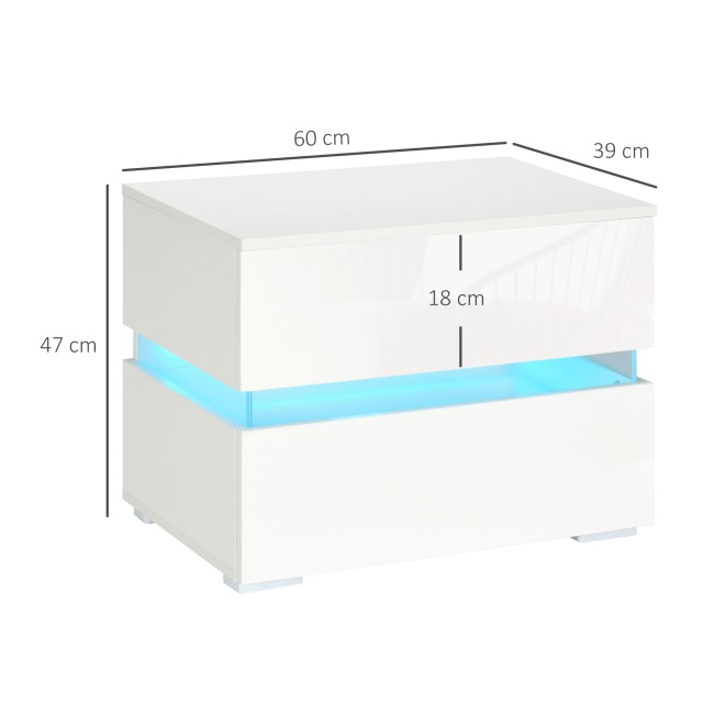 Κομοδίνο HOMCOM με ενσωματωμένο φως LED RGB με 2 συρτάρια, 4 λειτουργίες φωτισμού και 16 χρώματα, σε μοριοσανίδα, 60x39x47cm, Λευκό 831-650V90WT