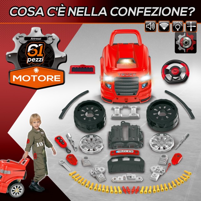 HOMCOM Workshop Toy Truck με μοτέρ και 61 αξεσουάρ για παιδιά 3-5 ετών, ρόδες και λαβή, 40x39x47cm - Κόκκινο 350-129