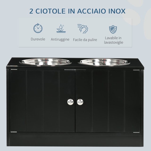 PawHut Raised Dog Bowl με αποθηκευτικό χώρο, 2 αφαιρούμενα μπολ από ανοξείδωτο χάλυβα, 60x30x35,5cm, Μαύρο D08-040V00BK