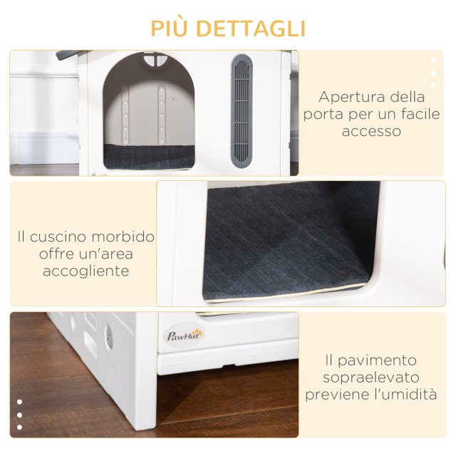 PawHut Raised Dog House με δίσκο για 2 μπολ, παράθυρα και αφρώδες μαξιλάρι, 70x64x56cm, γκρι και λευκό D04-243V00WT