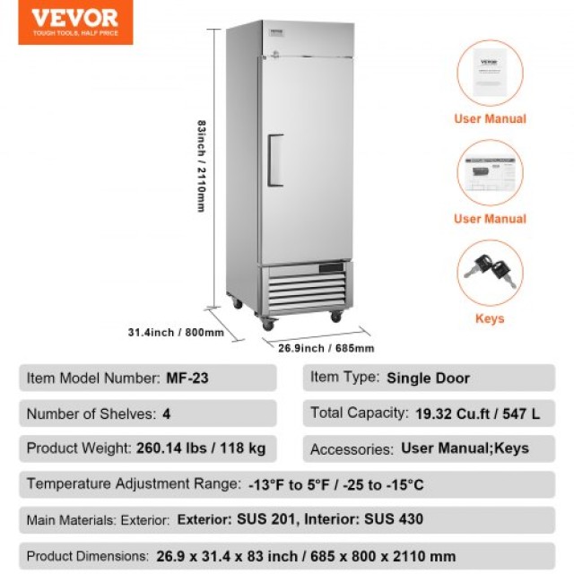 Επαγγελματικός Καταψύκτης VEVOR 20.12 Cu.ft, Όρθιος Μονής Πόρτας, Αυτο-Απόψυξη, Ανοξείδωτος με Ρυθμιζόμενα Ράφια  LSSYLJMCLDDMG5NTKV2
