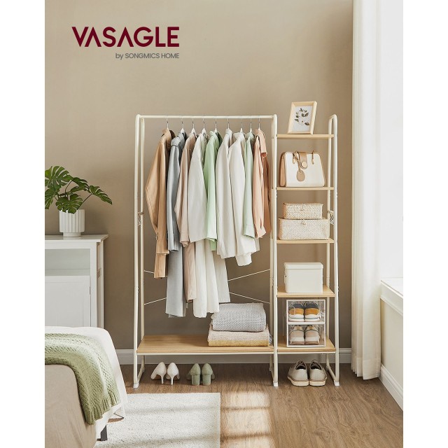 VASAGLE Κρεμάστρα Ρούχων με Ράγα και Ράφι Παπουτσιών, Δρυς Λευκό 