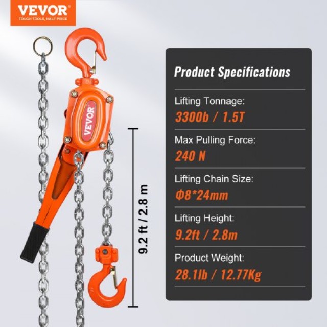 VEVOR Χειροκίνητος Αλυσοτροχός 1.5 Τόνου 10 FT για Γκαράζ/Εργοστάσιο/Λιμάνι  CGSBH112T10FTYOZ9V0