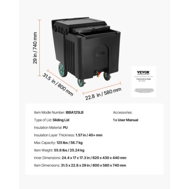 VEVOR Κινητός Κάδος Πάγου 61.6 L με Συρόμενο Καπάκι και Ρόδες SYCBC...