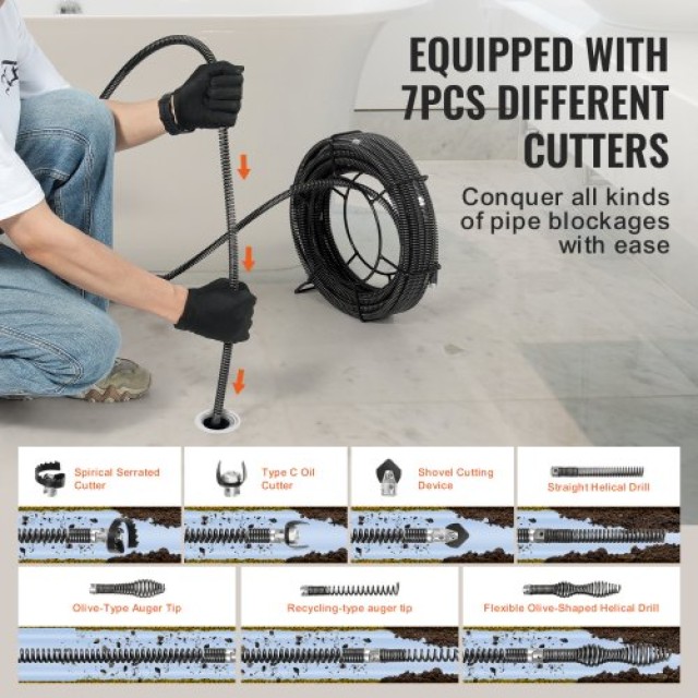 Καλώδιο Καθαρισμού Αποχέτευσης VEVOR 30m x 16mm & 7 Κόφτες για Σωλήνες 2-10cm  FDSDL58IN100OPWKNV0