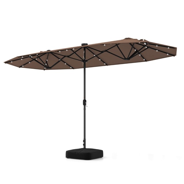 Costway Διπλή Ομπρέλα Κήπου 400 x 200 cm με Βάση & LED Φώτα & Μανιβέλα UPF 50+ Καφέ NP11520CF