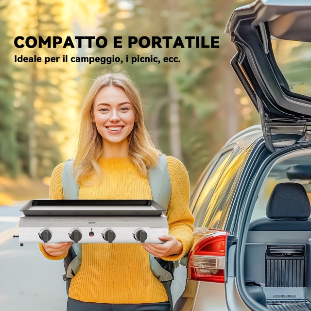 Outsunny Πλάκα Μπάρμπεκιου Αερίου με 4 Καυστήρες 2.4kw και Αντικολλητική Επιφάνεια, 77x44.5x19cm, Ασημί 846-133V52SR
