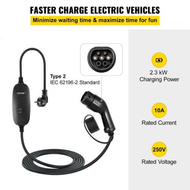 Φορητός Φορτιστής EV VEVOR, Τύπος 2, 10A, 6μ Καλώδιο, UK Πρίζα, IP66, 3kW, CE  LX223KW6M220VDQSQV2