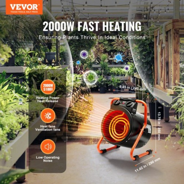 Θερμαντήρας Θερμοκηπίου VEVOR 2000W με Προστασία Υπερθέρμανσης Αδιά...
