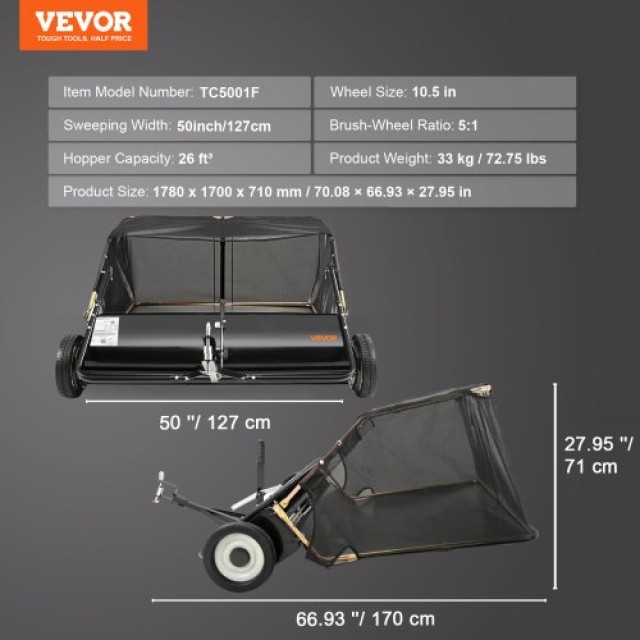 VEVOR Ρυμουλκούμενος Συλλέκτης Κήπου 127 εκ., Μεγάλης Χωρητικότητας...