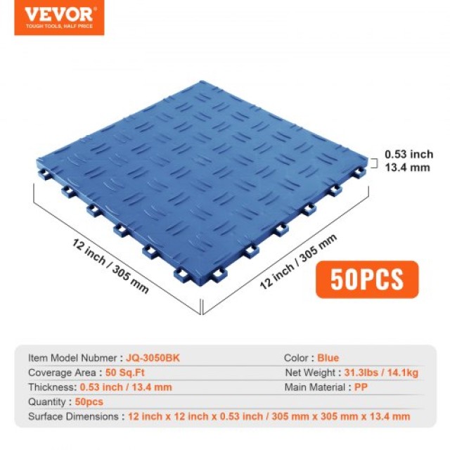 VEVOR  Πλακάκια Γκαράζ Διασυνδεόμενα, 12x12x0.53 ίντσες, 50 τεμ., Αντιολισθητικά, Διπλής Όψης, Μπλε  CKDDLSJ501212K34WV0