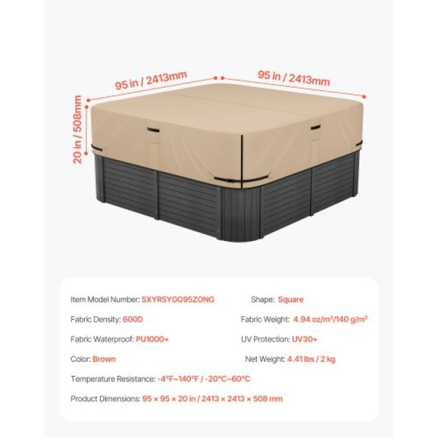 VEVOR Κάλυμμα Υδρομασάζ Εξωτερικού Χώρου 2413x2413x508mm Καφέ Αδιάβ...
