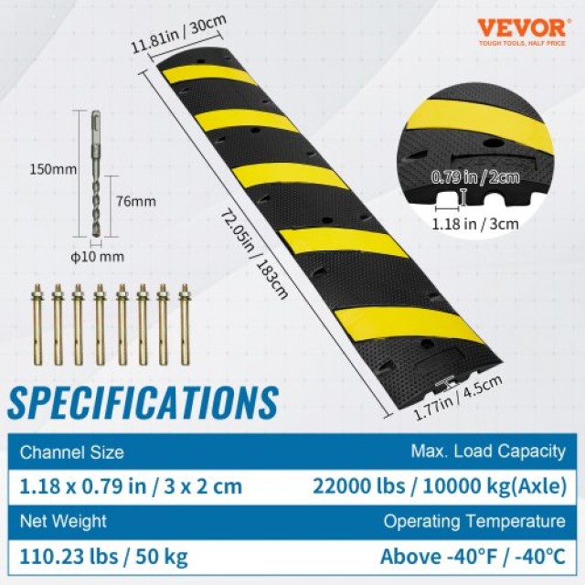 VEVOR 2τμχ 6ft/72 Λαστιχένιο Σαμαράκι, 2 Κανάλια, 22000 lbs Αντοχή, με Ανακλαστική Κίτρινη Λωρίδα, 8 Βίδες & 1 Τρυπάνι  JSDDLBHQXJZTA59NFV0