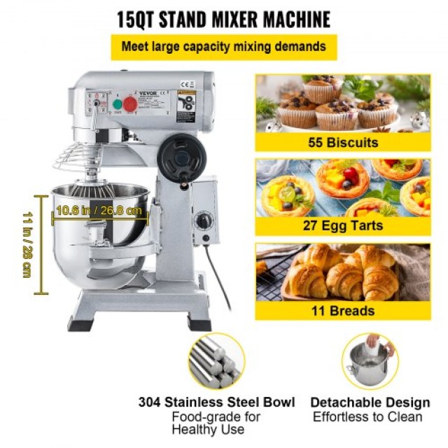 Επαγγελματικό Μίξερ VEVOR, 15Qt, 850W, 3 Ταχύτητες, Περιλαμβάνει Γάντζο Ζύμης, Χτυπητήρι, Αναδευτήρα  DDSYJ15QT220VNC94V2
