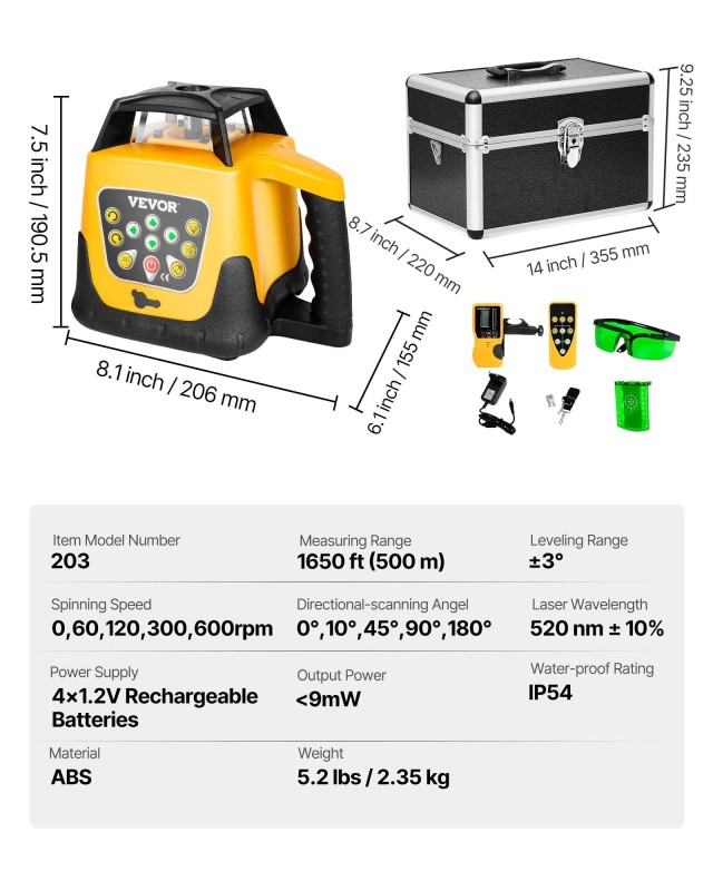 VEVOR Περιστροφικός Πράσινος Λέιζερ Επίπεδος - 500m Εμβέλεια, Αυτοε...