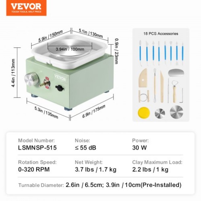 VEVOR Μίνι Ηλεκτρικός Τροχός Πλάστης Αγγειοπλαστικής 0-320RPM Πράσινος ETLPJMNXWJBSCU1O5V2