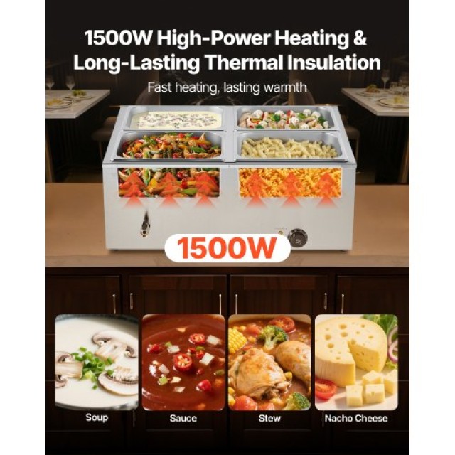 VEVOR Μπεν Μαρί 4 Θέσεων 1500W Επιτραπέζιο Ζέσταμα Τροφίμων με Καπά...