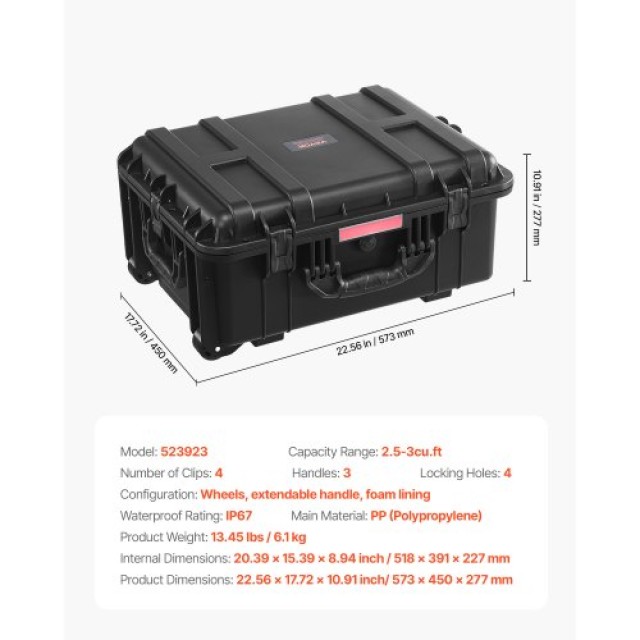 VEVOR 2.5 κυβικά πόδια αδιάβροχη σκληρή θήκη με ροδάκια και ανασυρόμενη λαβή σε μαύρο χρώμα. FFYLGX30LFYC2ZF5YV0