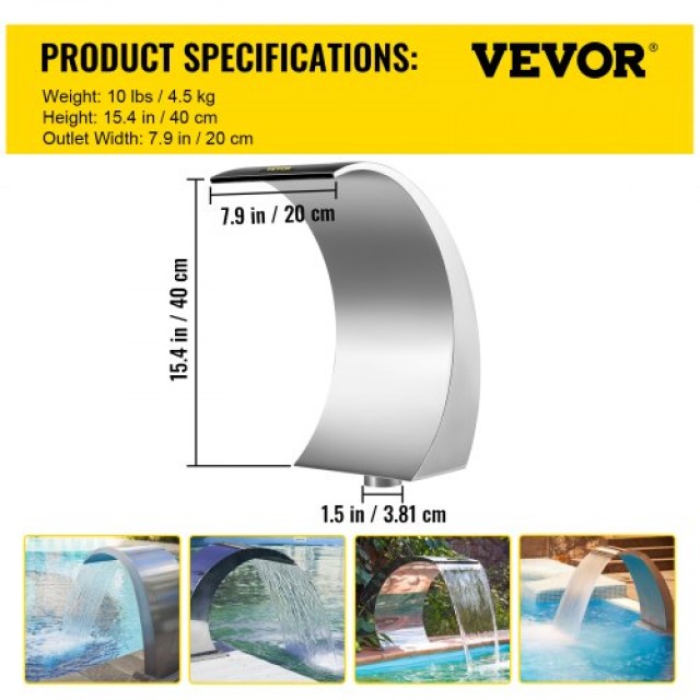 VEVOR Καταρράκτης Πισίνας Ανοξείδωτος 39x20x4 εκ. Ασημί για Κήπο και Λίμνη  PQSBJPJSM30X60CM1V0