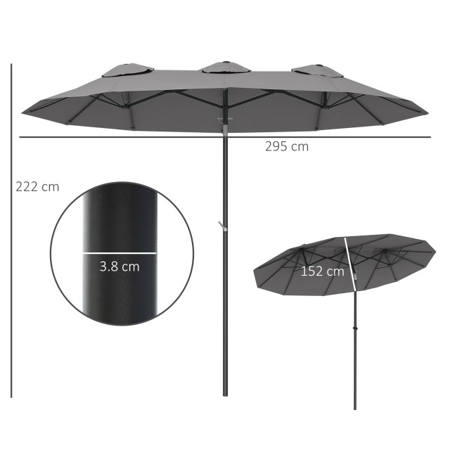 Outsunny Διπλή Ομπρέλα Κλίσης 45° με Μανιβέλα και Αεραγωγούς, από Ατσάλι και Πολυεστέρα, 285x147x227 εκ., Γκρι 84D-217V00GY