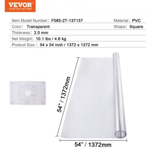 Διαφανές Προστατευτικό Τραπεζιού VEVOR PVC 54x54 εκ. 2.0mm  ZFXPVCZB54X5ITNPIV0
