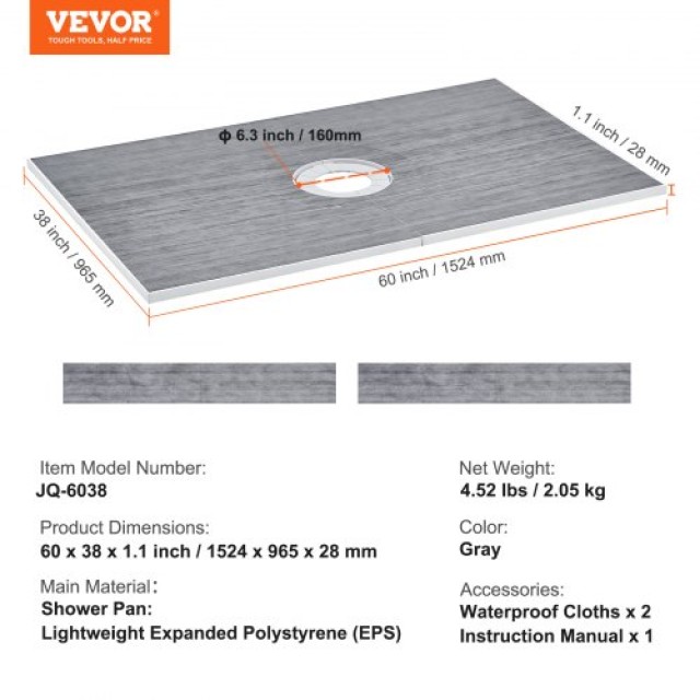 Σετ Ντουζιέρας VEVOR, 1524x965mm με Κεντρική Αποχέτευση 160mm, Ελαφρύ EPS, 2 Αδιάβροχα Υφάσματα, Κλίση για Μπάνιο  LYAZDB6038YCSTGNWV0