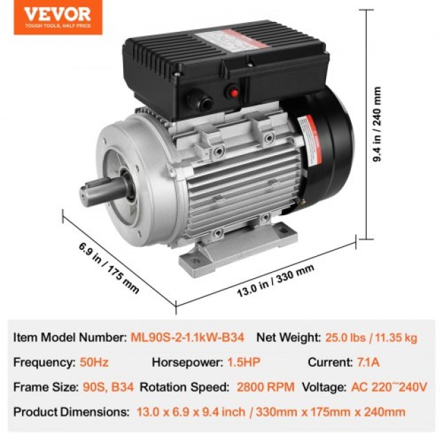 VEVOR Ηλεκτρικός Κινητήρας 1.1KW 2800RPM 220~240V  TYJLIECDJ345GMTI7V7